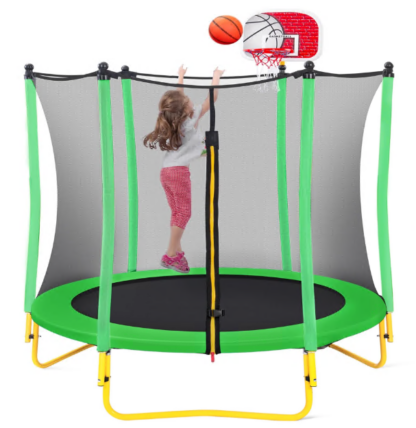 Jump Into Fun 5.5FT Trampoline for Kids, 66'' Trampoline with Basketball Hoop, Rubber Ball and Enclosure Net, Toddler Trampoline for Indoor Outdoor for Kids Age 1-8 Birthday Gifts