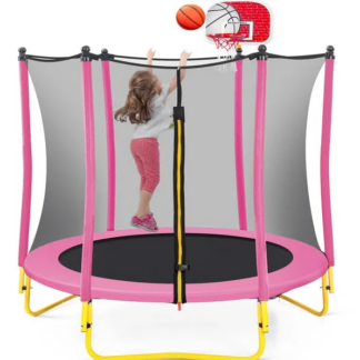 Jump Into Fun 5.5FT Trampoline for Kids, 66'' Trampoline with Basketball Hoop, Rubber Ball and Enclosure Net, Toddler Trampoline for Indoor Outdoor for Kids Age 1-8 Birthday Gifts