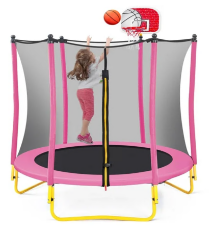 Jump Into Fun 5.5FT Trampoline for Kids, 66'' Trampoline with Basketball Hoop, Rubber Ball and Enclosure Net, Toddler Trampoline for Indoor Outdoor for Kids Age 1-8 Birthday Gifts