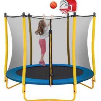Jump Into Fun 5.5FT Trampoline for Kids, 66'' Trampoline with Basketball Hoop, Rubber Ball and Enclosure Net, Toddler Trampoline for Indoor Outdoor for Kids Age 1-8 Birthday Gifts