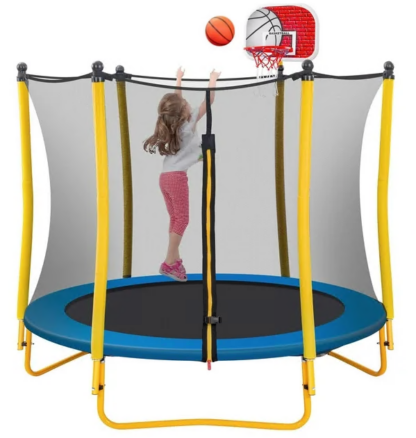 Jump Into Fun 5.5FT Trampoline for Kids, 66'' Trampoline with Basketball Hoop, Rubber Ball and Enclosure Net, Toddler Trampoline for Indoor Outdoor for Kids Age 1-8 Birthday Gifts