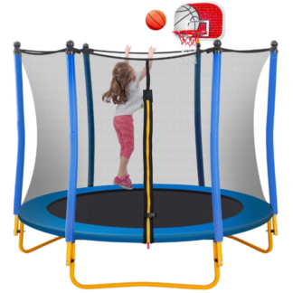 Jump Into Fun 5.5FT Trampoline for Kids, 66'' Trampoline with Basketball Hoop, Rubber Ball and Enclosure Net, Toddler Trampoline for Indoor Outdoor for Kids Age 1-8 Birthday Gifts