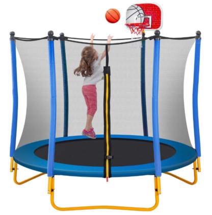 Jump Into Fun 5.5FT Trampoline for Kids, 66'' Trampoline with Basketball Hoop, Rubber Ball and Enclosure Net, Toddler Trampoline for Indoor Outdoor for Kids Age 1-8 Birthday Gifts