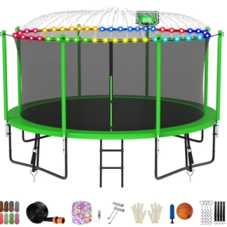 Jump Into Fun Trampoline 12FT 14FT 15FT 16FT, Trampoline for Adults and Kids with Enclosure, Basketball Hoop, Light, Sprinkler, Socks, Wind Stakes, 1200LBS Outdoor Recreational Trampolines, Green