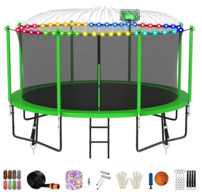 Jump Into Fun Trampoline 12FT 14FT 15FT 16FT, Trampoline for Adults and Kids with Enclosure, Basketball Hoop, Light, Sprinkler, Socks, Wind Stakes, 1200LBS Outdoor Recreational Trampolines, Green