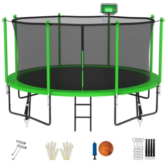 Jump Into Fun Trampoline 15FT 14FT 12FT, Trampoline for Adults and Kids with Enclosure, Basketball Hoop, Wind Stakes & Ladder, Recreational Outdoor Spray Galvanized Round Trampoline