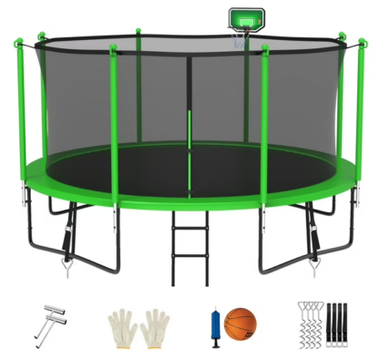 Jump Into Fun Trampoline 15FT 14FT 12FT, Trampoline for Adults and Kids with Enclosure, Basketball Hoop, Wind Stakes & Ladder, Recreational Outdoor Spray Galvanized Round Trampoline