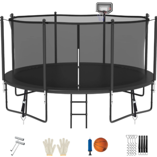 Jump Into Fun Trampoline 15FT 14FT 12FT, Trampoline for Adults and Kids with Enclosure, Basketball Hoop, Wind Stakes & Ladder, Recreational Outdoor Spray Galvanized Round Trampoline
