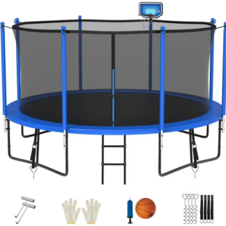 Jump Into Fun Trampoline 15FT 14FT 12FT, Trampoline for Adults and Kids with Enclosure, Basketball Hoop, Wind Stakes & Ladder, Recreational Outdoor Spray Galvanized Round Trampoline