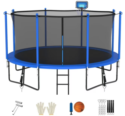 Jump Into Fun Trampoline 15FT 14FT 12FT, Trampoline for Adults and Kids with Enclosure, Basketball Hoop, Wind Stakes & Ladder, Recreational Outdoor Spray Galvanized Round Trampoline