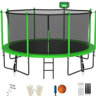 Jump Into Fun Trampoline 15FT 14FT 12FT, Trampoline for Adults and Kids with Enclosure, Basketball Hoop, Wind Stakes & Ladder, Recreational Outdoor Spray Galvanized Round Trampoline