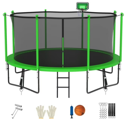 Jump Into Fun Trampoline 15FT 14FT 12FT, Trampoline for Adults and Kids with Enclosure, Basketball Hoop, Wind Stakes & Ladder, Recreational Outdoor Spray Galvanized Round Trampoline