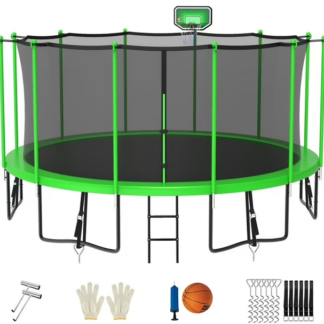 Jump Into Fun Trampoline 15FT 14FT 12FT, Trampoline for Adults and Kids with Enclosure, Basketball Hoop, Wind Stakes & Ladder, Recreational Outdoor Spray Galvanized Round Trampoline