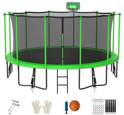 Jump Into Fun Trampoline 15FT 14FT 12FT, Trampoline for Adults and Kids with Enclosure, Basketball Hoop, Wind Stakes & Ladder, Recreational Outdoor Spray Galvanized Round Trampoline