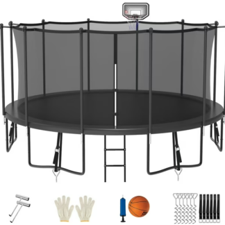 Jump Into Fun Trampoline 15FT 14FT 12FT, Trampoline for Adults and Kids with Enclosure, Basketball Hoop, Wind Stakes & Ladder, Recreational Outdoor Spray Galvanized Round Trampoline