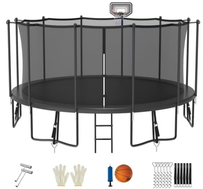 Jump Into Fun Trampoline 15FT 14FT 12FT, Trampoline for Adults and Kids with Enclosure, Basketball Hoop, Wind Stakes & Ladder, Recreational Outdoor Spray Galvanized Round Trampoline