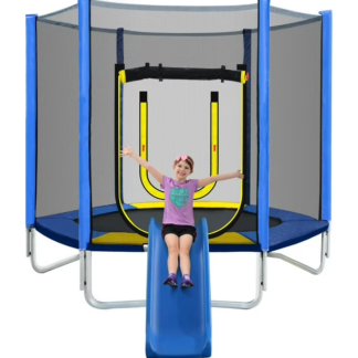 Jump Into Fun 7FT Trampoline for Kids, Trampoline with Slide, Ladder and Safety Enclosure Net, Recreational Toddler Trampoline for Indoor/Outdoor, Blue