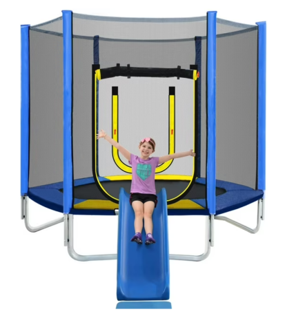 Jump Into Fun 7FT Trampoline for Kids, Trampoline with Slide, Ladder and Safety Enclosure Net, Recreational Toddler Trampoline for Indoor/Outdoor, Blue