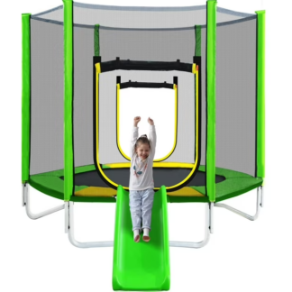 Jump Into Fun 7FT Trampoline for Kids, Trampoline with Slide, Ladder and Safety Enclosure Net, Recreational Toddler Trampoline for Indoor/Outdoor, Green