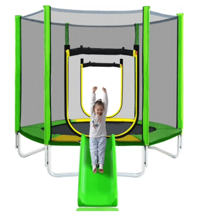 Jump Into Fun 7FT Trampoline for Kids, Trampoline with Slide, Ladder and Safety Enclosure Net, Recreational Toddler Trampoline for Indoor/Outdoor, Green