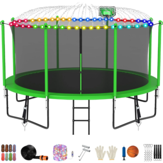 Jump Into Fun Trampoline 12FT 14FT 15FT 16FT, Trampoline for Adults and Kids with Enclosure, Basketball Hoop, Light, Sprinkler, Socks, Wind Stakes, 1400LBS Outdoor Recreational Trampolines, Green