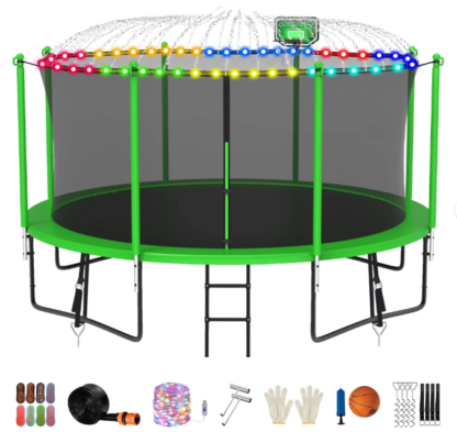 Jump Into Fun Trampoline 12FT 14FT 15FT 16FT, Trampoline for Adults and Kids with Enclosure, Basketball Hoop, Light, Sprinkler, Socks, Wind Stakes, 1400LBS Outdoor Recreational Trampolines, Green