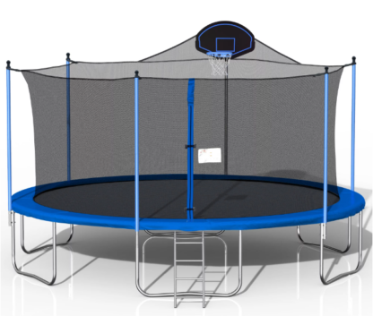 Jump Into Fun Trampoline 16FT, Trampoline with Enclosure, Basketball Hoop and Ladder, 1500LBS Capacity for 8-10 Kids/ 3-5 Adults, Outdoor Recreational Big Trampoline for Adults, No Gap Design