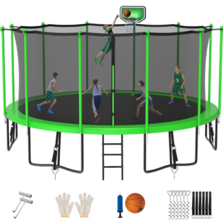 Jump Into Fun Trampoline 8FT 10FT 12FT 14FT 15FT 16FT, Trampoline for Adults and Kids with Enclosure, Basketball Hoop, Wind Stakes and AntiRust Coating, 1500LBS Outdoor Recreational Trampolines
