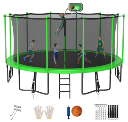 Jump Into Fun Trampoline 8FT 10FT 12FT 14FT 15FT 16FT, Trampoline for Adults and Kids with Enclosure, Basketball Hoop, Wind Stakes and AntiRust Coating, 1500LBS Outdoor Recreational Trampolines