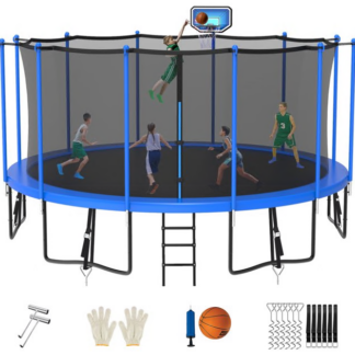 Jump Into Fun Trampoline 8FT 10FT 12FT 14FT 15FT 16FT, Trampoline for Adults and Kids with Enclosure, Basketball Hoop, Wind Stakes and AntiRust Coating, 1500LBS Outdoor Recreational Trampolines