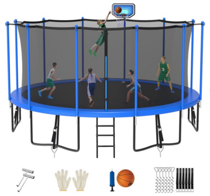 Jump Into Fun Trampoline 8FT 10FT 12FT 14FT 15FT 16FT, Trampoline for Adults and Kids with Enclosure, Basketball Hoop, Wind Stakes and AntiRust Coating, 1500LBS Outdoor Recreational Trampolines