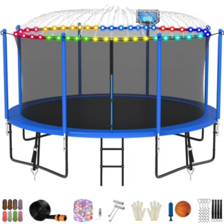 Jump Into Fun Trampoline 12FT 14FT 15FT 16FT, Trampoline for Adults and Kids with Enclosure, Basketball Hoop, Light, Sprinkler, Socks, Wind Stakes, 1400LBS Outdoor Recreational Trampolines, Blue