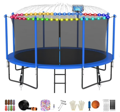 Jump Into Fun Trampoline 12FT 14FT 15FT 16FT, Trampoline for Adults and Kids with Enclosure, Basketball Hoop, Light, Sprinkler, Socks, Wind Stakes, 1400LBS Outdoor Recreational Trampolines, Blue