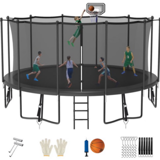Jump Into Fun Trampoline 8FT 10FT 12FT 14FT 15FT 16FT, Trampoline for Adults and Kids with Enclosure, Basketball Hoop, Wind Stakes and AntiRust Coating, 1500LBS Outdoor Recreational Trampolines