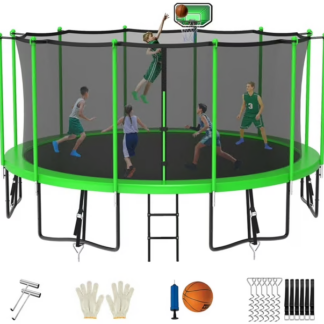 Jump Into Fun Trampoline 8FT 10FT 12FT 14FT 15FT 16FT, Trampoline for Adults and Kids with Enclosure, Basketball Hoop, Wind Stakes and AntiRust Coating, 1500LBS Outdoor Recreational Trampolines