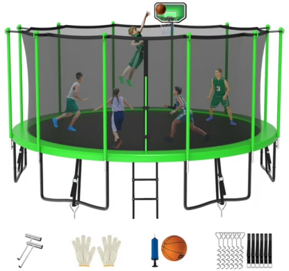 Jump Into Fun Trampoline 8FT 10FT 12FT 14FT 15FT 16FT, Trampoline for Adults and Kids with Enclosure, Basketball Hoop, Wind Stakes and AntiRust Coating, 1500LBS Outdoor Recreational Trampolines
