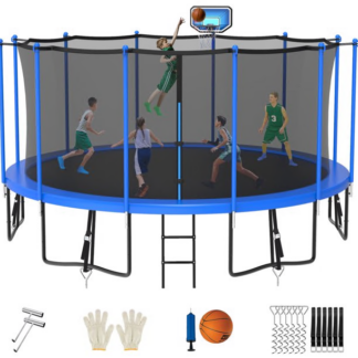 Jump Into Fun Trampoline 8FT 10FT 12FT 14FT 15FT 16FT, Trampoline for Adults and Kids with Enclosure, Basketball Hoop, Wind Stakes and AntiRust Coating, 1500LBS Outdoor Recreational Trampolines