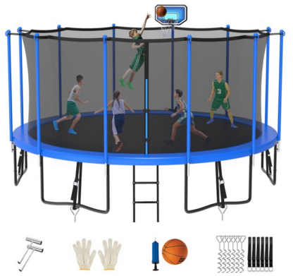 Jump Into Fun Trampoline 8FT 10FT 12FT 14FT 15FT 16FT, Trampoline for Adults and Kids with Enclosure, Basketball Hoop, Wind Stakes and AntiRust Coating, 1500LBS Outdoor Recreational Trampolines