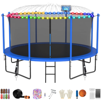Jump Into Fun Trampoline 12FT 14FT 15FT 16FT, Trampoline for Adults and Kids with Enclosure, Basketball Hoop, Light, Sprinkler, Socks, Wind Stakes, 1200LBS Outdoor Recreational Trampolines, Blue