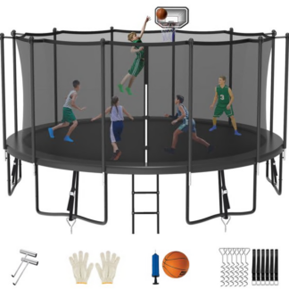 Jump Into Fun Trampoline 8FT 10FT 12FT 14FT 15FT 16FT, Trampoline for Adults and Kids with Enclosure, Basketball Hoop, Wind Stakes and AntiRust Coating, 1500LBS Outdoor Recreational Trampolines