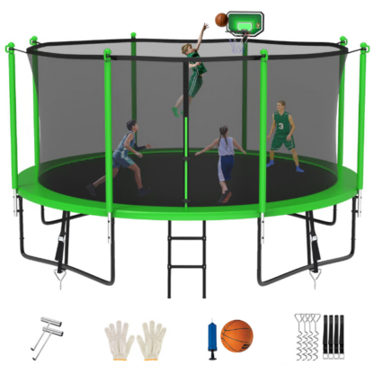 Jump Into Fun Trampoline 8FT 10FT 12FT 14FT 15FT 16FT, Trampoline for Adults and Kids with Enclosure, Basketball Hoop, Wind Stakes and AntiRust Coating, 1400LBS Outdoor Recreational Trampolines