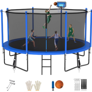 Jump Into Fun Trampoline 8FT 10FT 12FT 14FT 15FT 16FT, Trampoline for Adults and Kids with Enclosure, Basketball Hoop, Wind Stakes and AntiRust Coating, 1400LBS Outdoor Recreational Trampolines