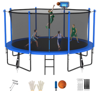 Jump Into Fun Trampoline 8FT 10FT 12FT 14FT 15FT 16FT, Trampoline for Adults and Kids with Enclosure, Basketball Hoop, Wind Stakes and AntiRust Coating, 1400LBS Outdoor Recreational Trampolines