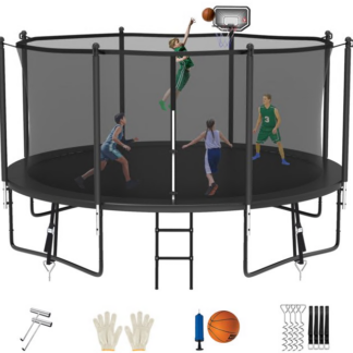 Jump Into Fun Trampoline 8FT 10FT 12FT 14FT 15FT 16FT, Trampoline for Adults and Kids with Enclosure, Basketball Hoop, Wind Stakes and AntiRust Coating, 1400LBS Outdoor Recreational Trampolines