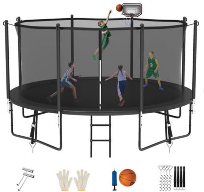 Jump Into Fun Trampoline 8FT 10FT 12FT 14FT 15FT 16FT, Trampoline for Adults and Kids with Enclosure, Basketball Hoop, Wind Stakes and AntiRust Coating, 1400LBS Outdoor Recreational Trampolines