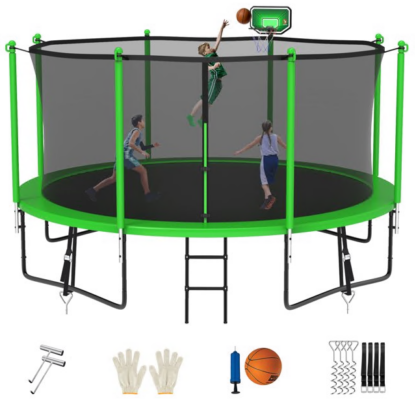 Jump Into Fun Trampoline 8FT 10FT 12FT 14FT 15FT 16FT, Trampoline for Adults and Kids with Enclosure, Basketball Hoop, Wind Stakes and AntiRust Coating, 1200LBS Outdoor Recreational Trampolines