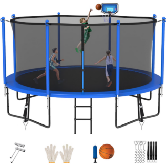 Jump Into Fun Trampoline 8FT 10FT 12FT 14FT 15FT 16FT, Trampoline for Adults and Kids with Enclosure, Basketball Hoop, Wind Stakes and AntiRust Coating, 1200LBS Outdoor Recreational Trampolines
