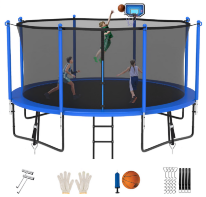 Jump Into Fun Trampoline 8FT 10FT 12FT 14FT 15FT 16FT, Trampoline for Adults and Kids with Enclosure, Basketball Hoop, Wind Stakes and AntiRust Coating, 1200LBS Outdoor Recreational Trampolines