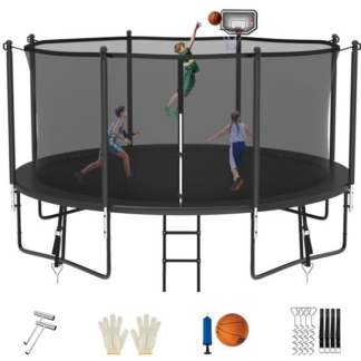 Jump Into Fun Trampoline 8FT 10FT 12FT 14FT 15FT 16FT, Trampoline for Adults and Kids with Enclosure, Basketball Hoop, Wind Stakes and AntiRust Coating, 1200LBS Outdoor Recreational Trampolines
