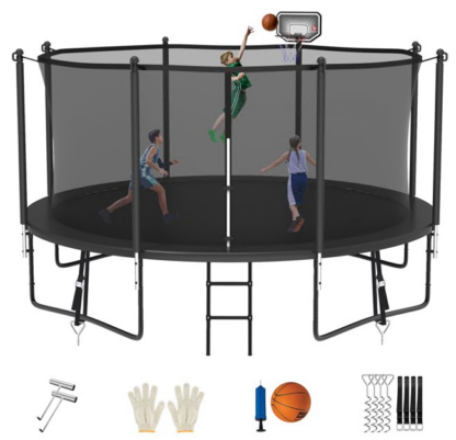 Jump Into Fun Trampoline 8FT 10FT 12FT 14FT 15FT 16FT, Trampoline for Adults and Kids with Enclosure, Basketball Hoop, Wind Stakes and AntiRust Coating, 1200LBS Outdoor Recreational Trampolines